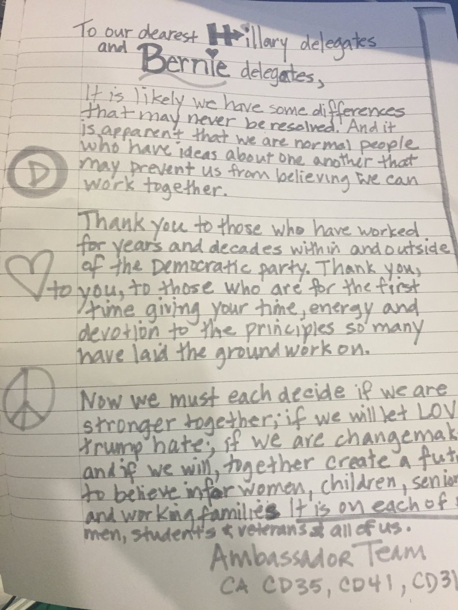 SamGraubard's tweet image. Delegates handing out flyer calling for party unity, to let "love trump hate." #DemsInPhilly @ActionNewsJax