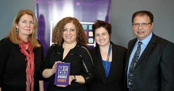 Swinburne's tweet photo. #TechDiversity have recognised Dr Therese Keane for her work with Melbourne RoboCats: https://t.co/ZncJmmzTAb https://t.co/MUsb1gr92a