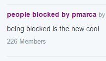 screenshot of a twitter list that I am a member of entitled "people blocked by pmarca" with the description "being blocked is the new cool." It has 226 members.