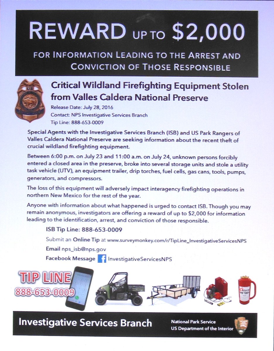 BandelierNPS's tweet photo. Valles Caldera offering $2K reward for information on serious theft - firefighting equipment - see poster https://t.co/CnHuBSx1uL