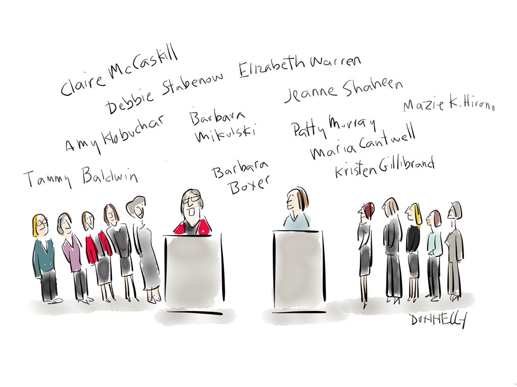CBSMornings's tweet photo. Women of the Senate take the stage at the Democratic National Convention. (Cartoon via @lizadonnelly) #DemsInPhilly https://t.co/beTS807qQx