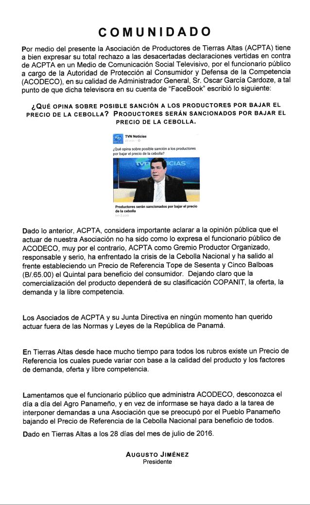 GrisellEspinosa's tweet photo. Productores de #ACPTA rechazan declaraciones de director de @AcodecoResuelve sobre precio de la cebolla. https://t.co/qQDepcsPTz