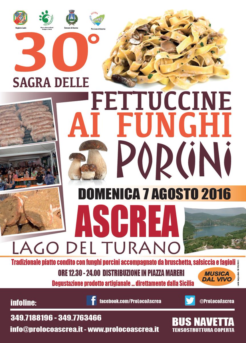 ProLocoAscrea's tweet image. 7 Agosto, 30° Sagra delle #fettuccine ai Funghi Porcini: appuntamento ad #ascrea in Piazza Mareri dalle ore 12.30!