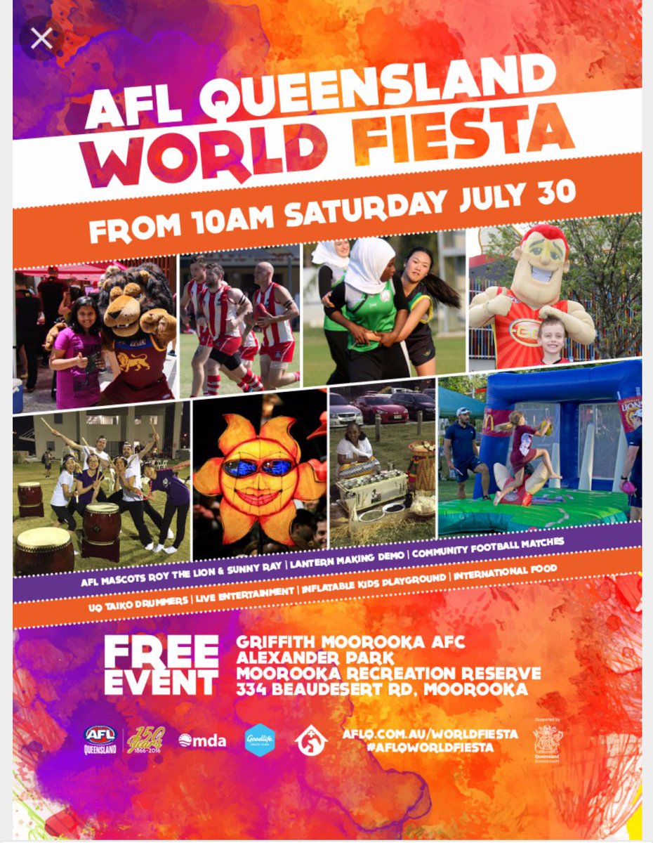 Sharonora's tweet photo. Come and join the #AFL community tomorrow at the @AFLQ #worldfiesta Celebration of #diversity in sport. #inclusion 😊 https://t.co/FH7cAXGJ64