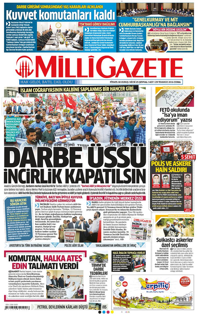 MustafaKurdas's tweet photo. Manşet:

DARBE ÜSSÜ
İNCİRLİK KAPATILSIN

İslam coğrafyasının kalbine saplanmış bir hançer gibi... https://t.co/C134XaviPQ