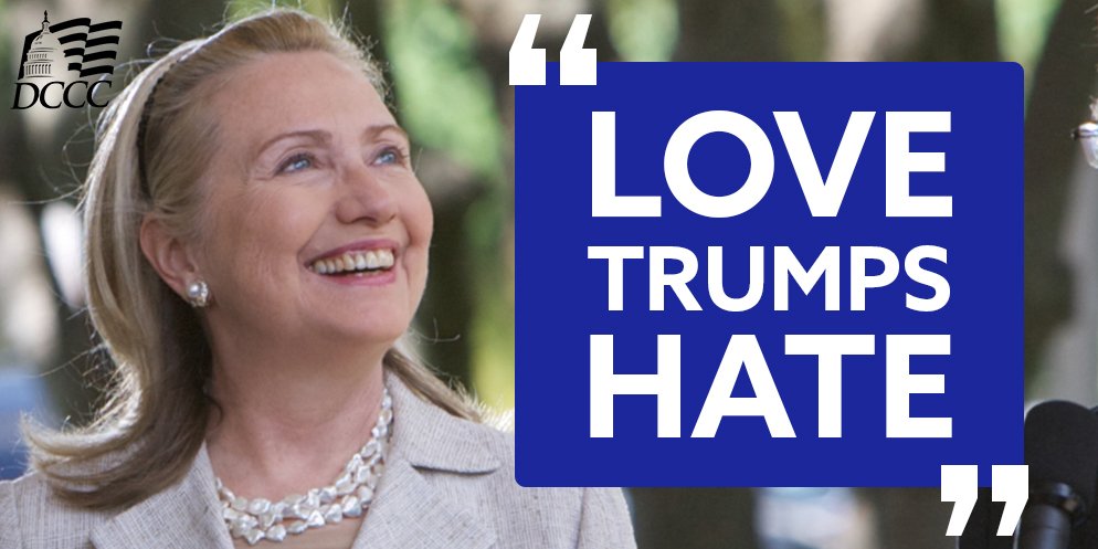 dccc's tweet photo. "Love trumps hate!" If that's something you can get behind, RT -- and get your FREE sticker! https://t.co/DemjzNJaF0 https://t.co/3ydDgUmMA2