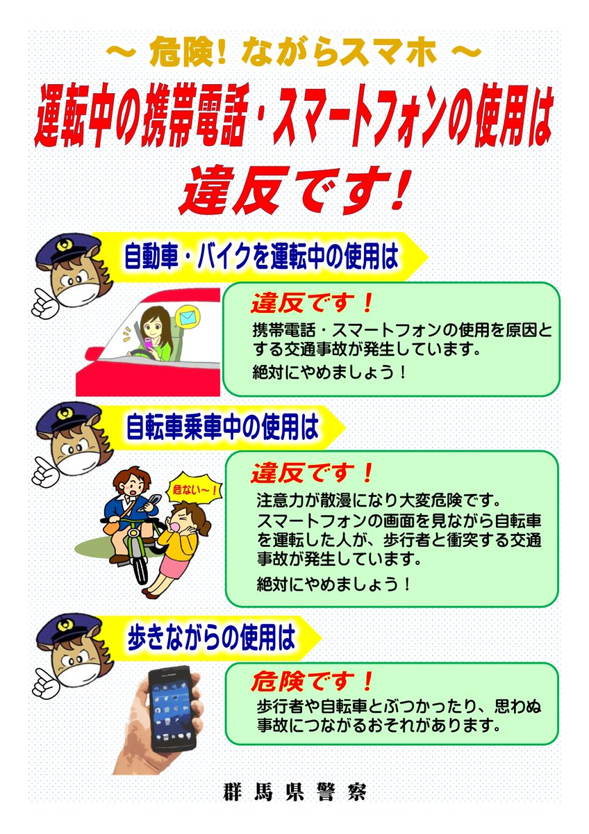 群馬県警察 危険 ながらスマホ 自動車やバイク 自転車を運転中の携帯電話 スマートフォンの使用は違反です 絶対にやめましょう 歩きながらの使用も 思わぬ事故につながるおそれがあり危険です 添付画像を参照のうえ 十分注意して下さい 群馬県警察 危険 ながらスマホ 自動車やバイク 自転車を運転中の携帯電話 スマートフォンの使用は違反です 絶対にやめましょう 歩きながらの使用も 思わぬ事故につながるおそれがあり危険です 添付画像を参照のうえ 十分注意して下さい