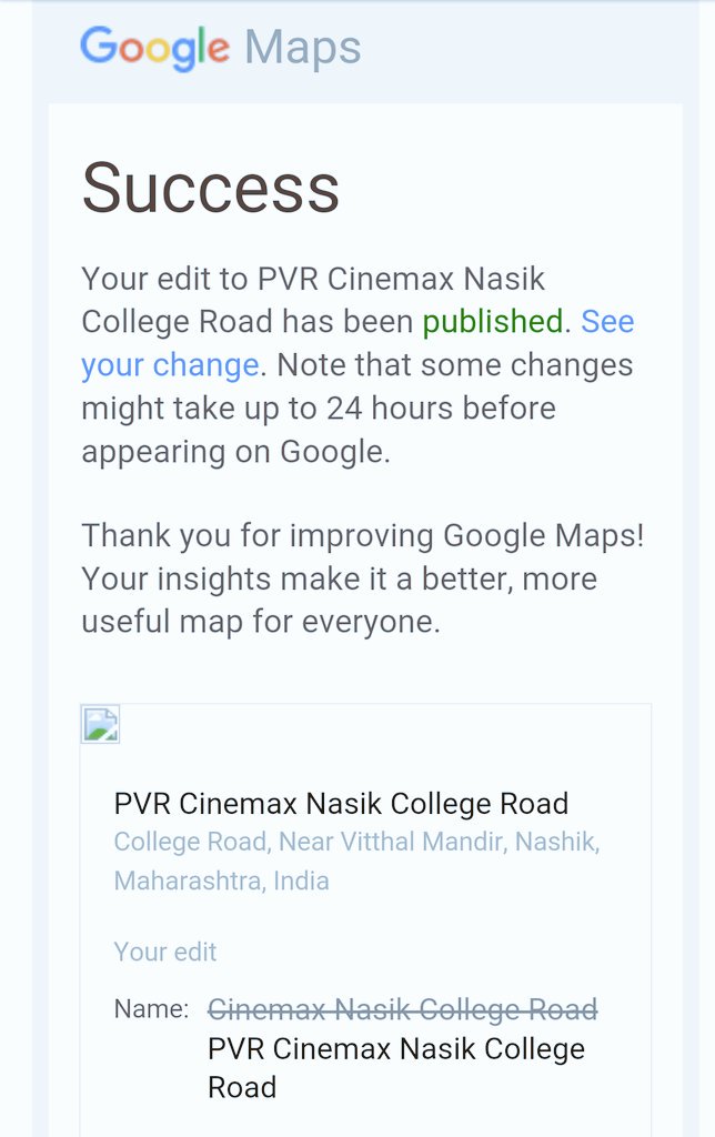 SrChintanB's tweet image. No need yr Thankyou... #GoogleMaps i am proud to be a good #googlemapslocalguides #Nashik #collegeroad #cinemax #PVR