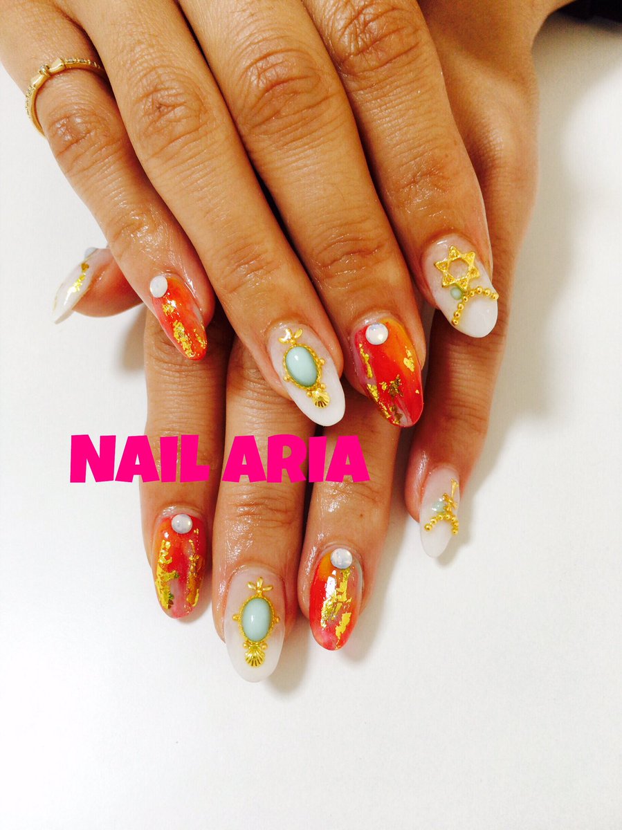 茨城 牛久ネイルサロンnail Aria お客様ネイル W スカルプsサイズのやり放題コース 塗りかけ ホイル 人気です とっても夏らしいデザインになりました ありがとうございました