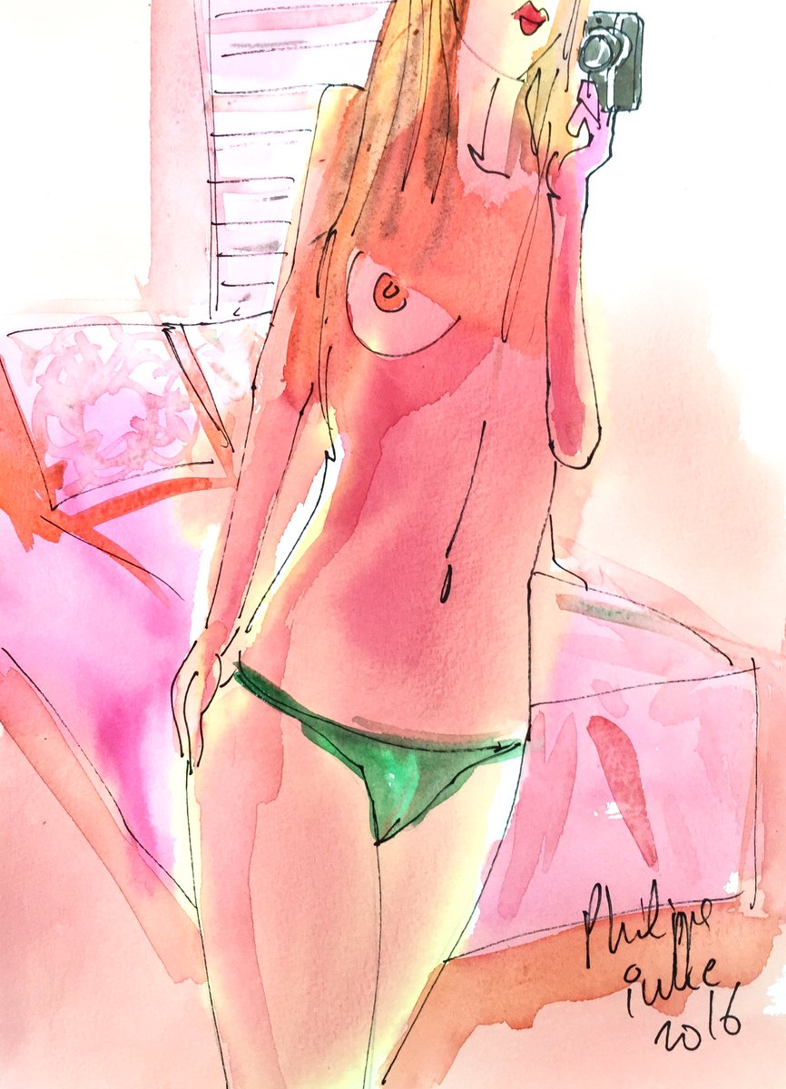 maxinke2's tweet photo. " Morning selfie".  Inspired by @misspriscaa    Ink on paper https://t.co/4SWXCE8roa