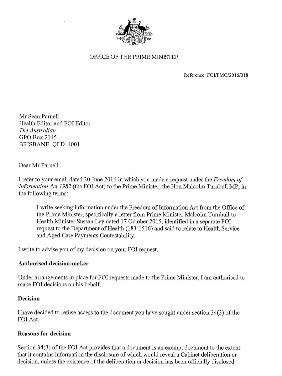 seanparnell's tweet image. #FOI decision on behalf of PM confirms Cabinet discussed private sector bidding for #Medicare payment system #auspol