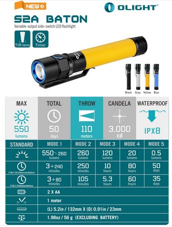 Multitools_NL's tweet photo. De Olight S2A Baton is verkrijgbaar in 4 kleuren: Geel, Blauw, Grijs en Zwart. Bij Zaklampen.nl. #zaklamp #olight https://t.co/MUNsP4U2dw