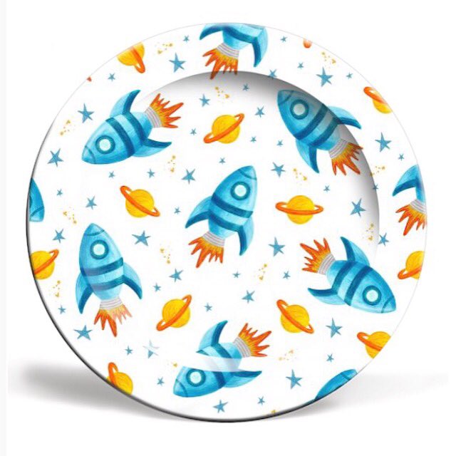 Ginger_Pigg's tweet image. New illustrated #rocket&quot; plate available at @Art_Rookie #surfacepattern #rocketdesign #kids #designer #childrensgift