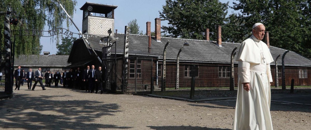 ABC's tweet image. Pope Francis visits Auschwitz concentration camp, meets survivors abcn.ws/2aeB8Qd