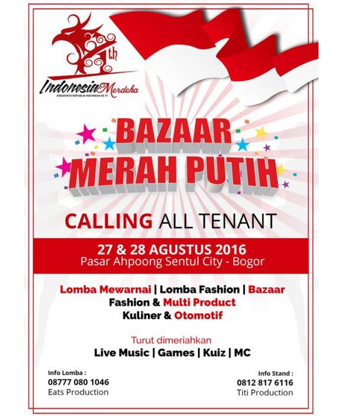 bantusebarin's tweet photo. BAZAAR MERAH PUTIH - Pasar Ah Poong, Sentul City, Bogor - 27-28 Aug 2016 - HTM: GRaatiss!! WA 08128176116 https://t.co/eaPRrxKS11