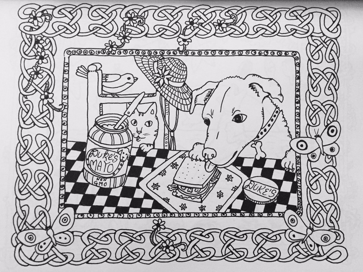 SistersThea's tweet photo. An image from the latest #Suits Sisters #coloring book. #Dog's Life. Down boy! #adultcolouringbooks https://t.co/MD7UPgAntQ