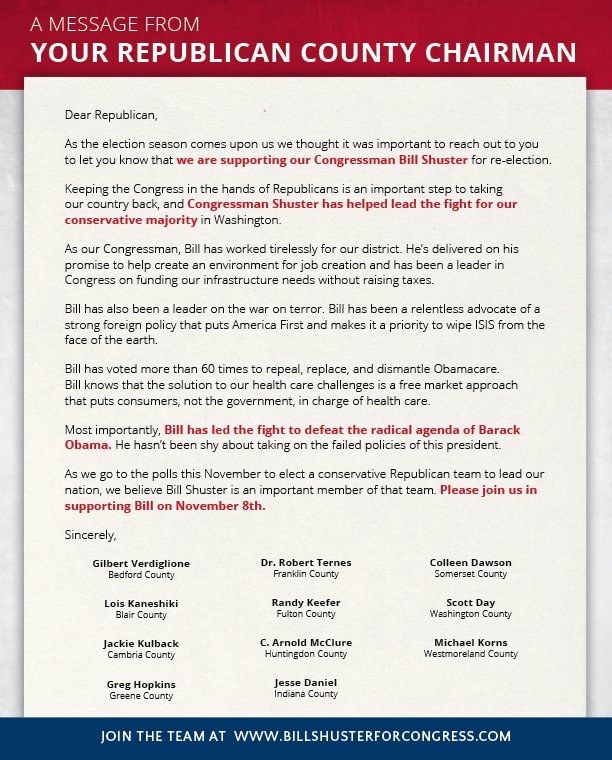 PAGOP's tweet photo. Republican county chairs support @RepBillShuster! #PA09 https://t.co/8ukMLkDc3E