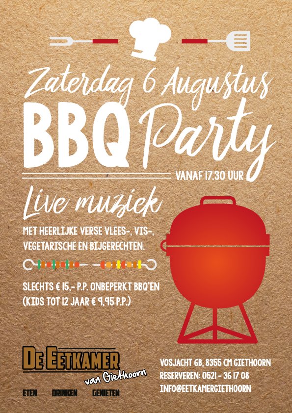 Zaterdag 6 augustus a.s. is onze jaarlijkse BBQ Party!! Reserveer snel! #gezellig #goodfood #livemuziek