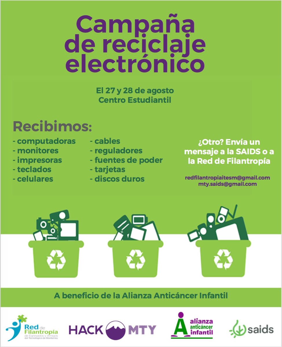 SAIDS_mty's tweet photo. ¡Trae tus residuos electrónicos al @HackMTY! 💚💜💚💜 https://t.co/tF4JcX2aQD