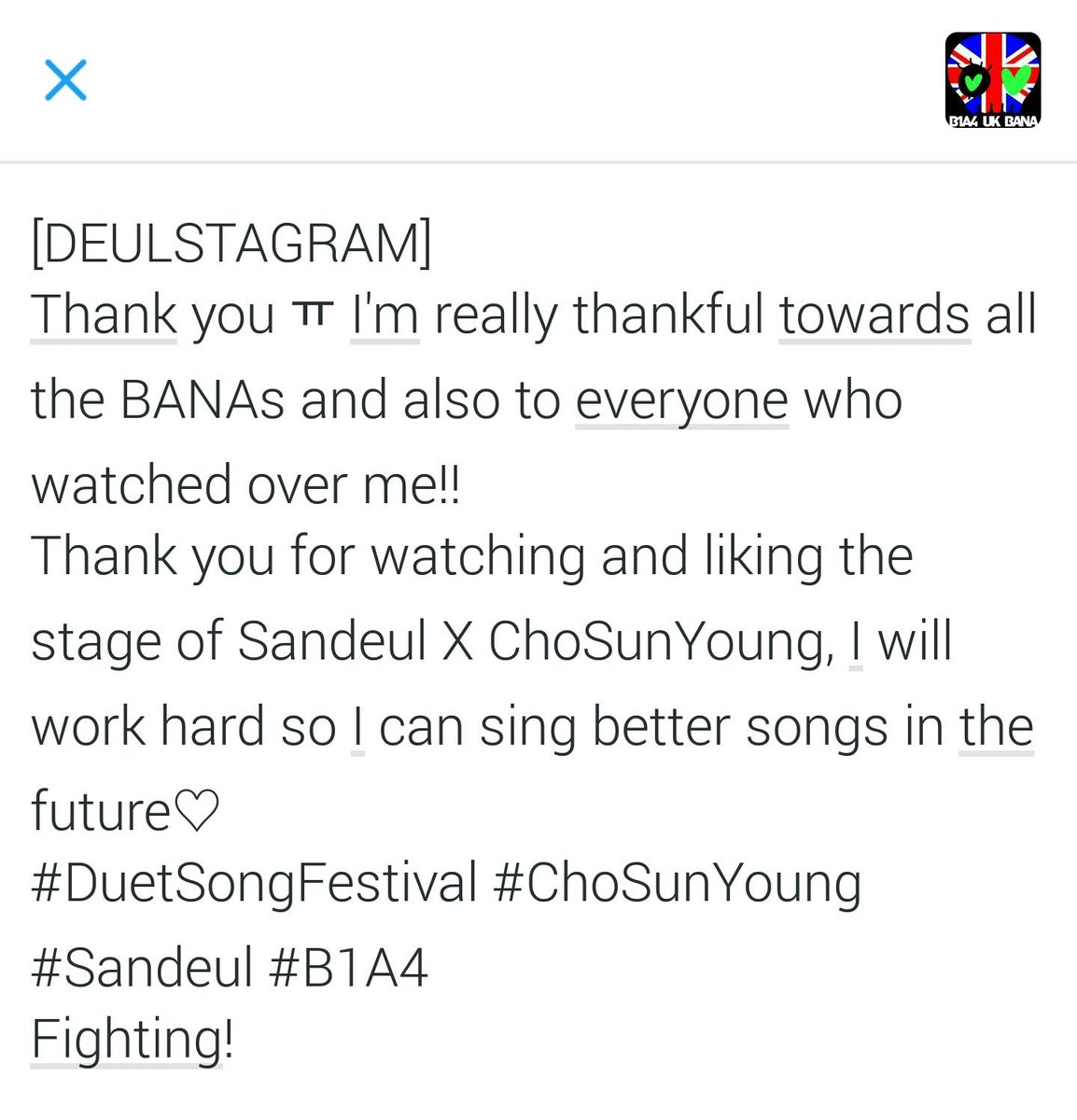B1A4_UK's tweet photo. [DEULSTAGRAM tr] Thank you ㅠ ... #DuetSongFestival #ChoSunYoung #Sandeul #B1A4 Fighting! https://t.co/98Osv5Axv8