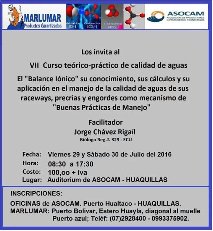 Atención: Importante curso #CalidadDeAguas convoca @Camaroneros_Oro 
Favor RT @cnaecuador @CAIZ_ECUADOR @CAIIZONA