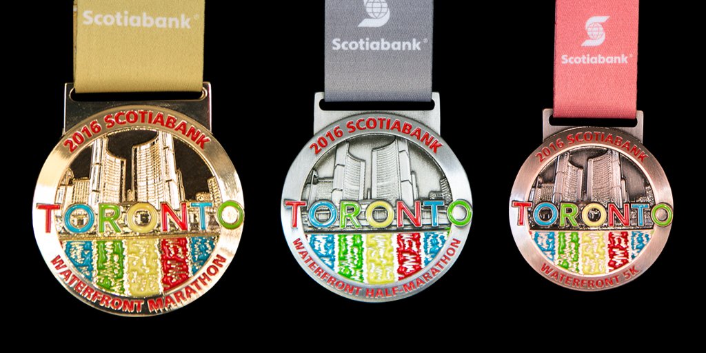 Revealed! The 2016 @Scotiabank Toronto Waterfront Marathon, Half-Marathon &amp; 5k medals! #STWM #runTO