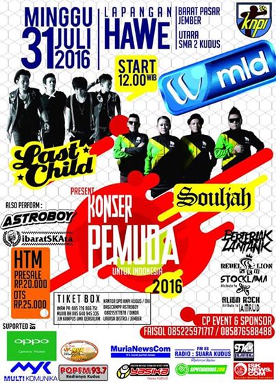 konserpemuda's tweet photo. Tiket on the spot (OTS) Rp 25 ribu,bisa didapatkan langsung di Lapangan Hawe,Jember mulai tgl 30 Juli pkl 10.00 WIB. https://t.co/AskyZ9RrDc