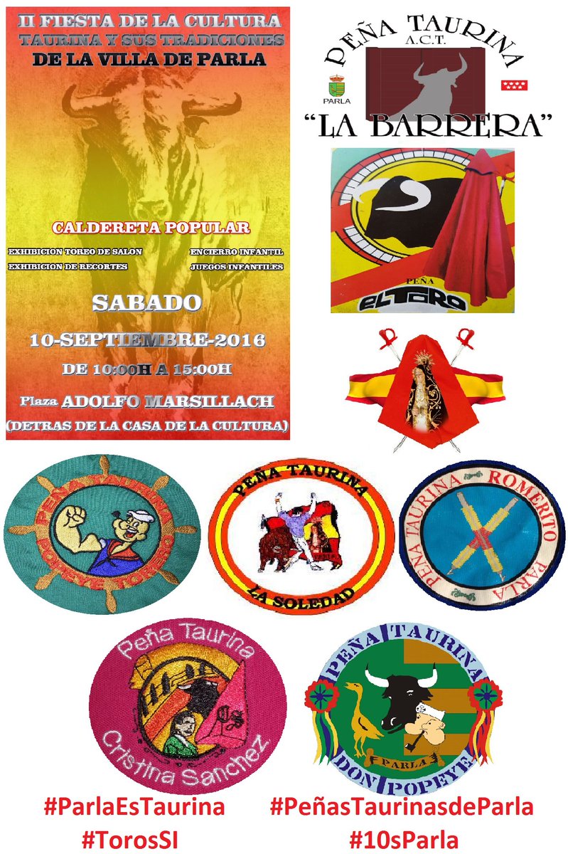 ParlaEsTaurina's tweet photo. Sábado 10 de Septiembre en la Plaza Adolfo Marsillach de Parla 10 a 15 horas II Fiesta de la Cultura Taurina https://t.co/E0pJDPzcef
