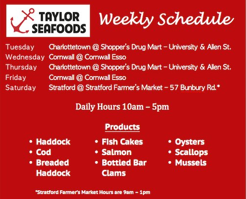 Taylor Seafood will be at the <a href="/StratfordMarket/">Stratford Market</a> on Saturday! 57 Bunbury Road!