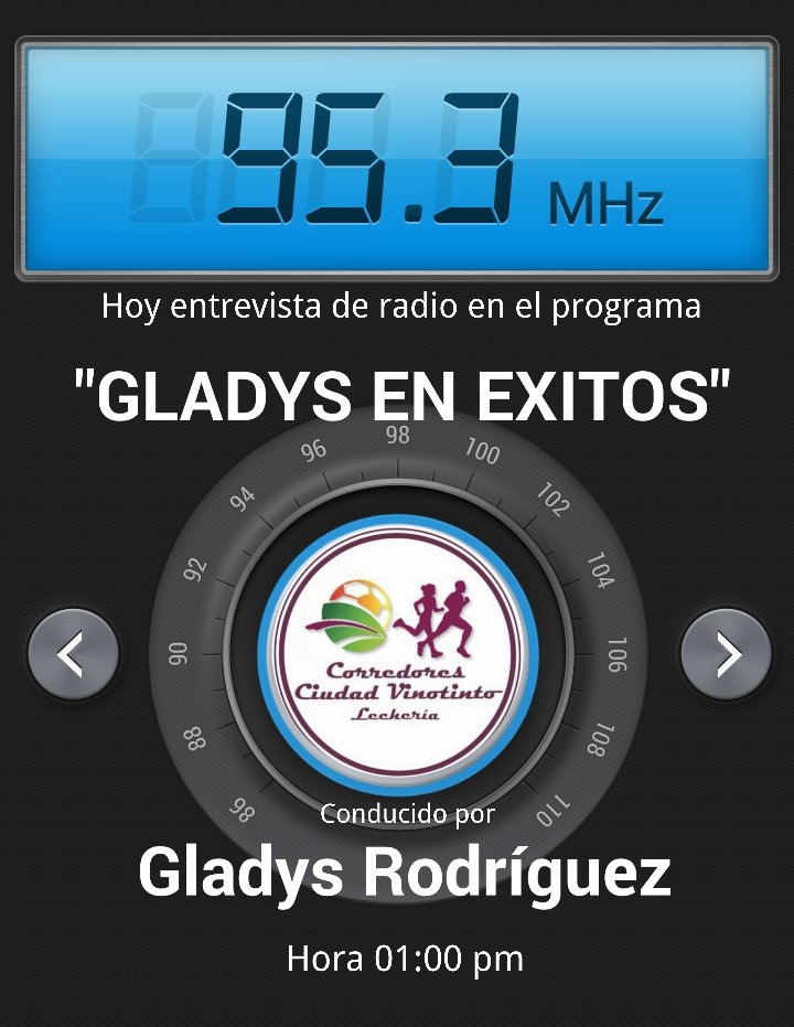 corrervinotinto's tweet photo. Hoy #1pm #entrevista con @rodriguezgladys a traves de @exitos953fm #corredoresvinotinto #algomasquecorrer https://t.co/m0gI7nmq6B
