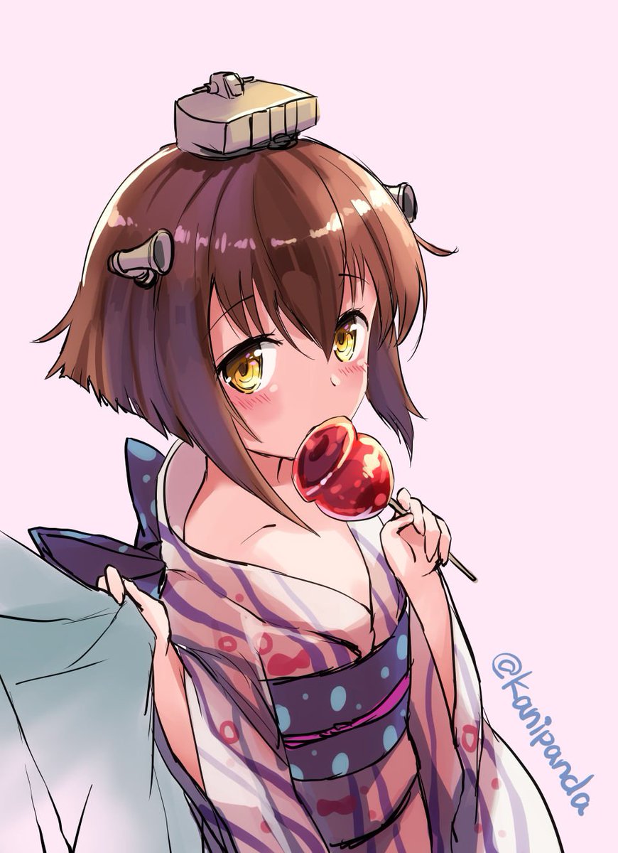 yukikaze (kancolle) 1girl brown hair japanese clothes food candy apple kimono headgear  illustration images