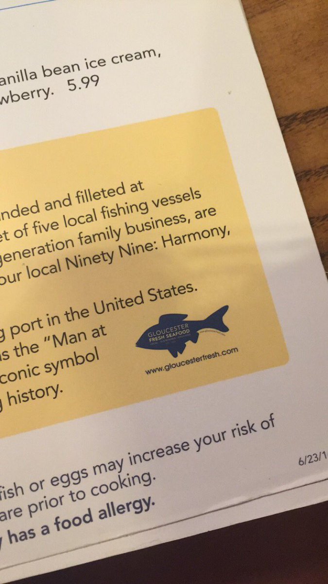 AbMurphyDesign's tweet photo. My #gloucesterfresh logo is on the @99restaurants summer menu! So cool. https://t.co/8xYaRNY61f