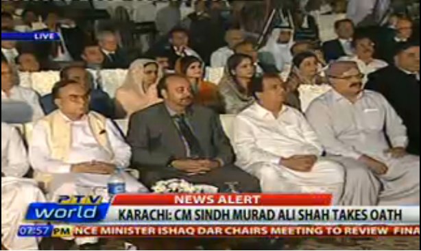PakTVGlobal's tweet photo. #Karachi: CM #Sindh Muran Ali Shah take oath
#WatchwithUs only on #PTVWorld
https://t.co/hYqMmlbpax https://t.co/Vabs72k3iO