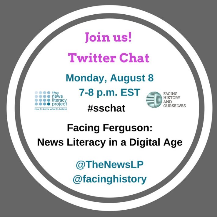 CHitch94's tweet image. Join @facinghistory and @TheNewsLP Monday, Aug. 8 at 7pm EST to discuss news literacy in digital age. #sschat