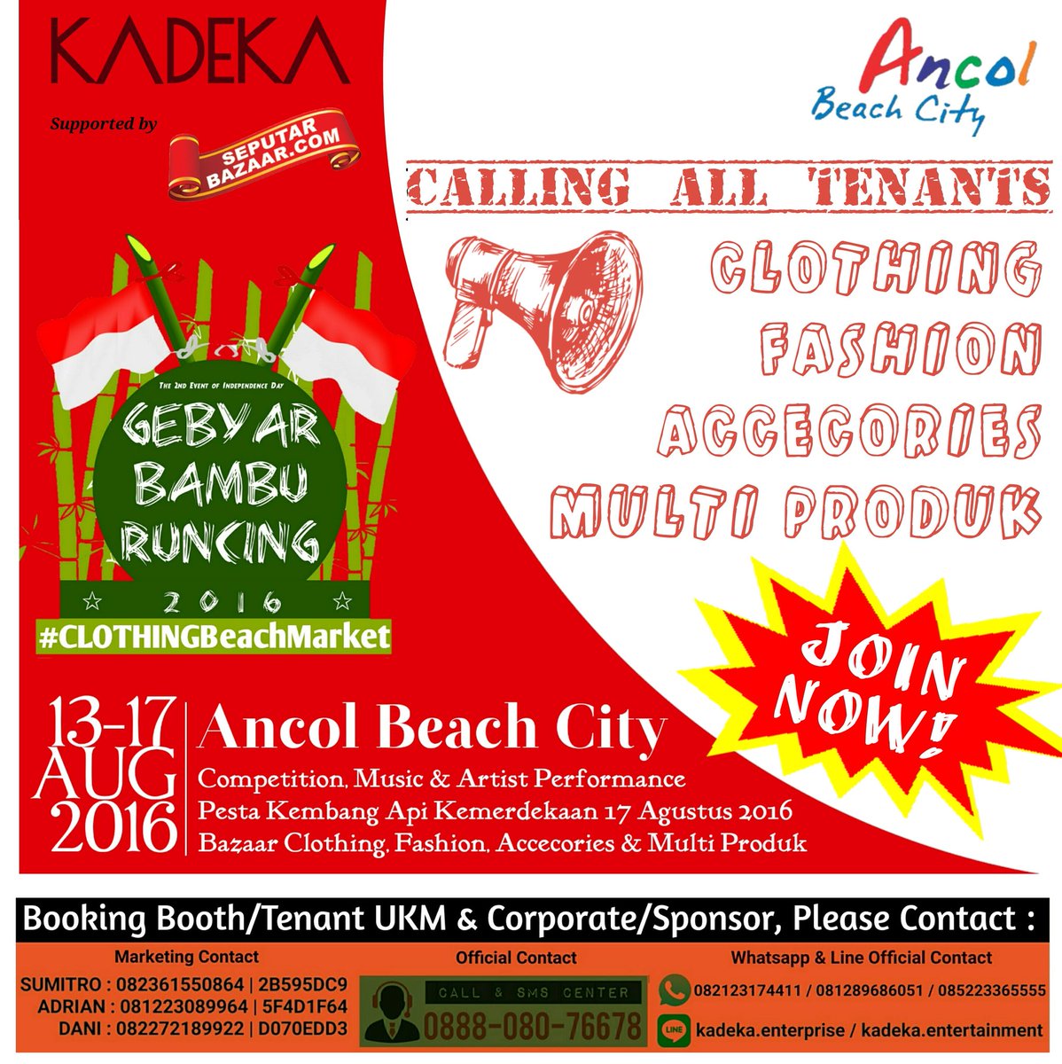 seputarEXPO's tweet photo. GEBYAR BAMBU RUNCING #GBR2016 #ClothBEACHMarket | OPEN BOOTH Clothing/Fashion/Accecories 13-17Aug'16 | Booking now! https://t.co/wzxzp7AASr