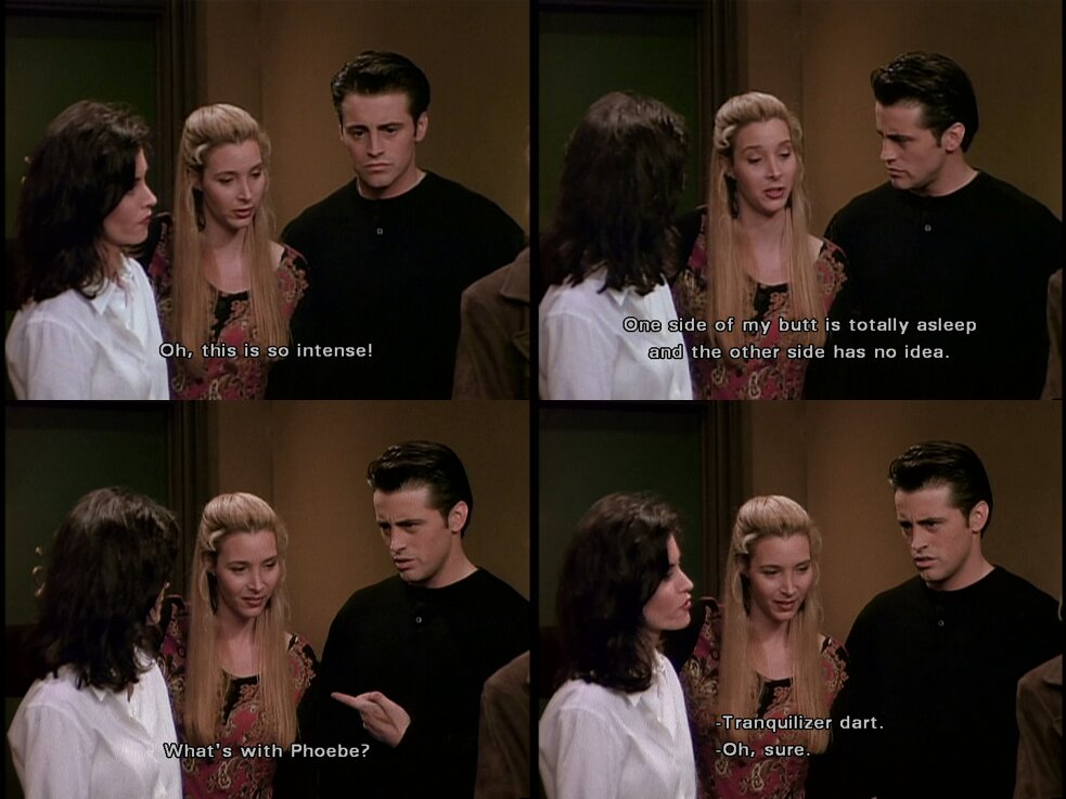 F R I E N D S Fan On Twitter Phoebe The Other Side Has No Idea Joey What S With Phoebe Monica Tranquilizer Dart Joey Oh Sure Https T Co Rt3xovdwq5 Twitter