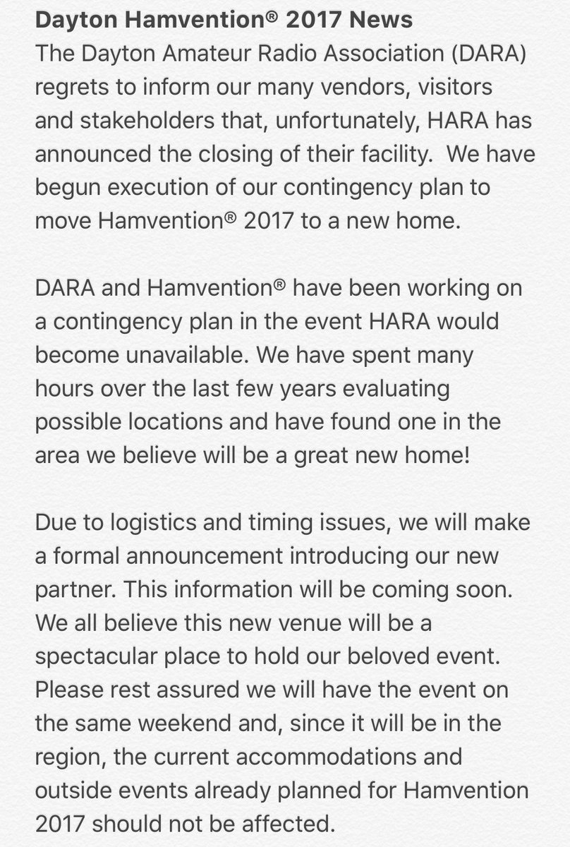 hamvention's tweet photo. BREAKING NEWS: Hara Arena closing. 2017 Hamvention will move to new venue. Dates unchanged. Stay tuned. https://t.co/9EAKuH3a08
