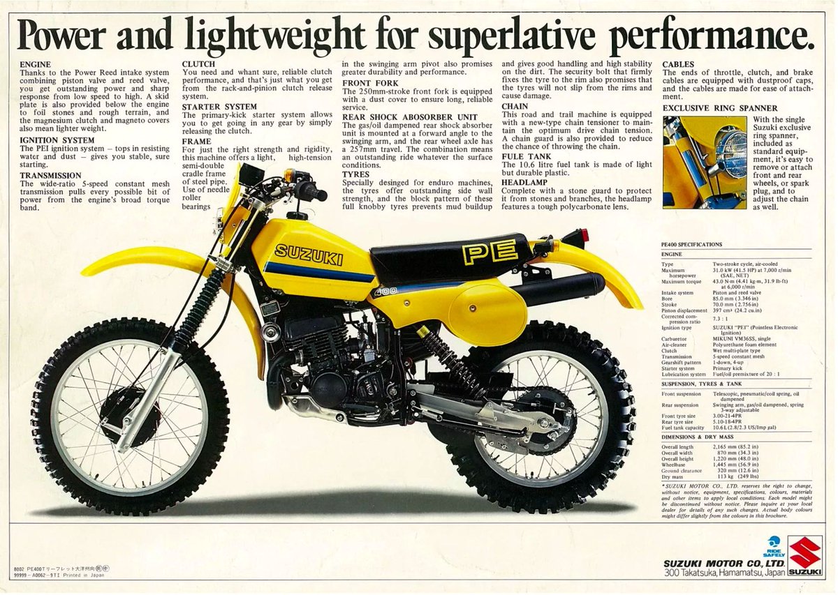 TonyBlazier's tweet photo. Classic Off Road Brochure of the day. Suzuki's 1980 PE400 Enduro #PreFullFloater https://t.co/wXIxjDe78P
