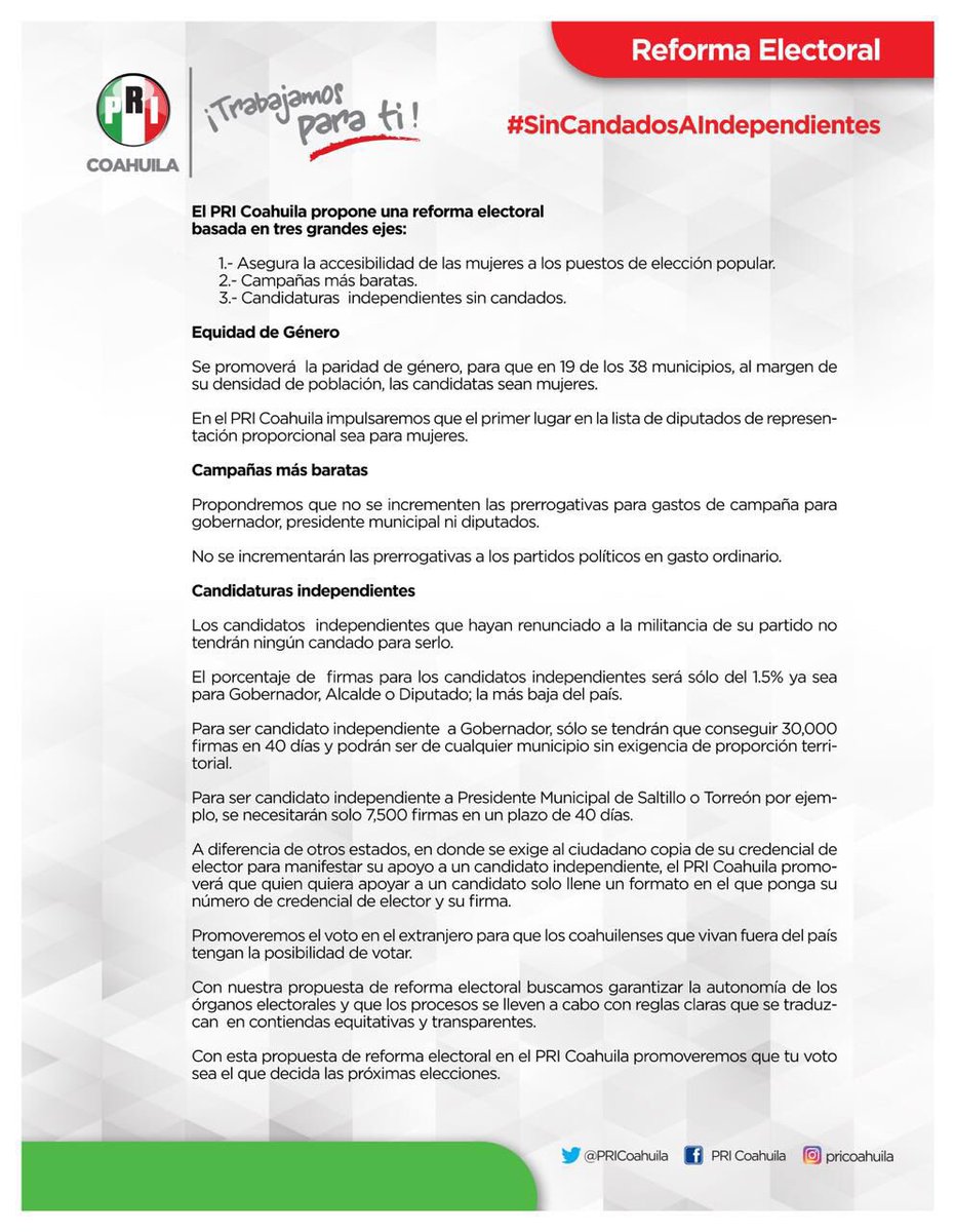El #PRICoahuila propone una #ReformaElectoral basada en tres grandes ejes #SinCandadosAIndependientes