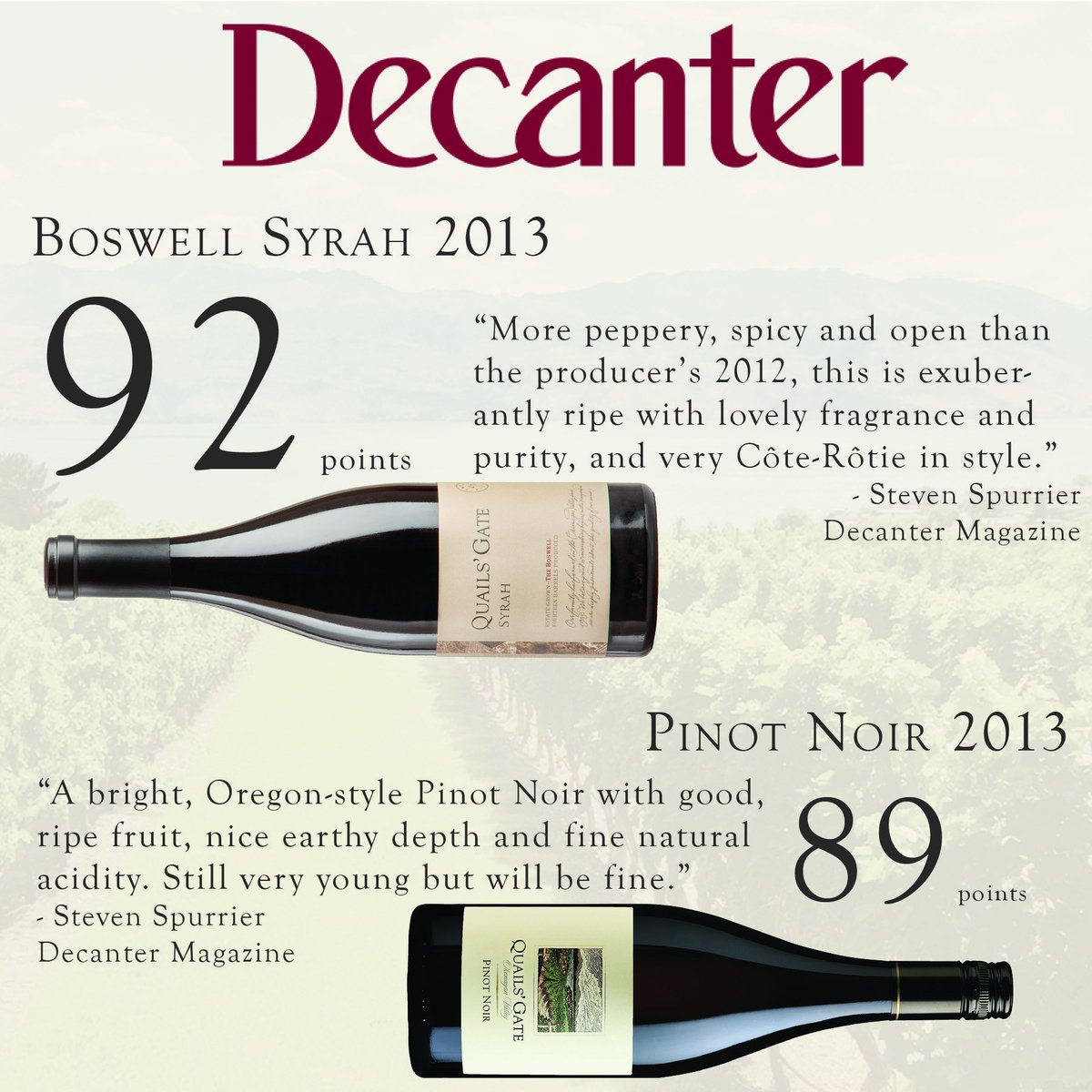 Quails_Gate's tweet photo. @Decanter we received incredible scores from Steven Spurrier, 92 for our Syrah &amp; 89 for our Pinot Noir. #BCWine https://t.co/qZAnfxZxNL