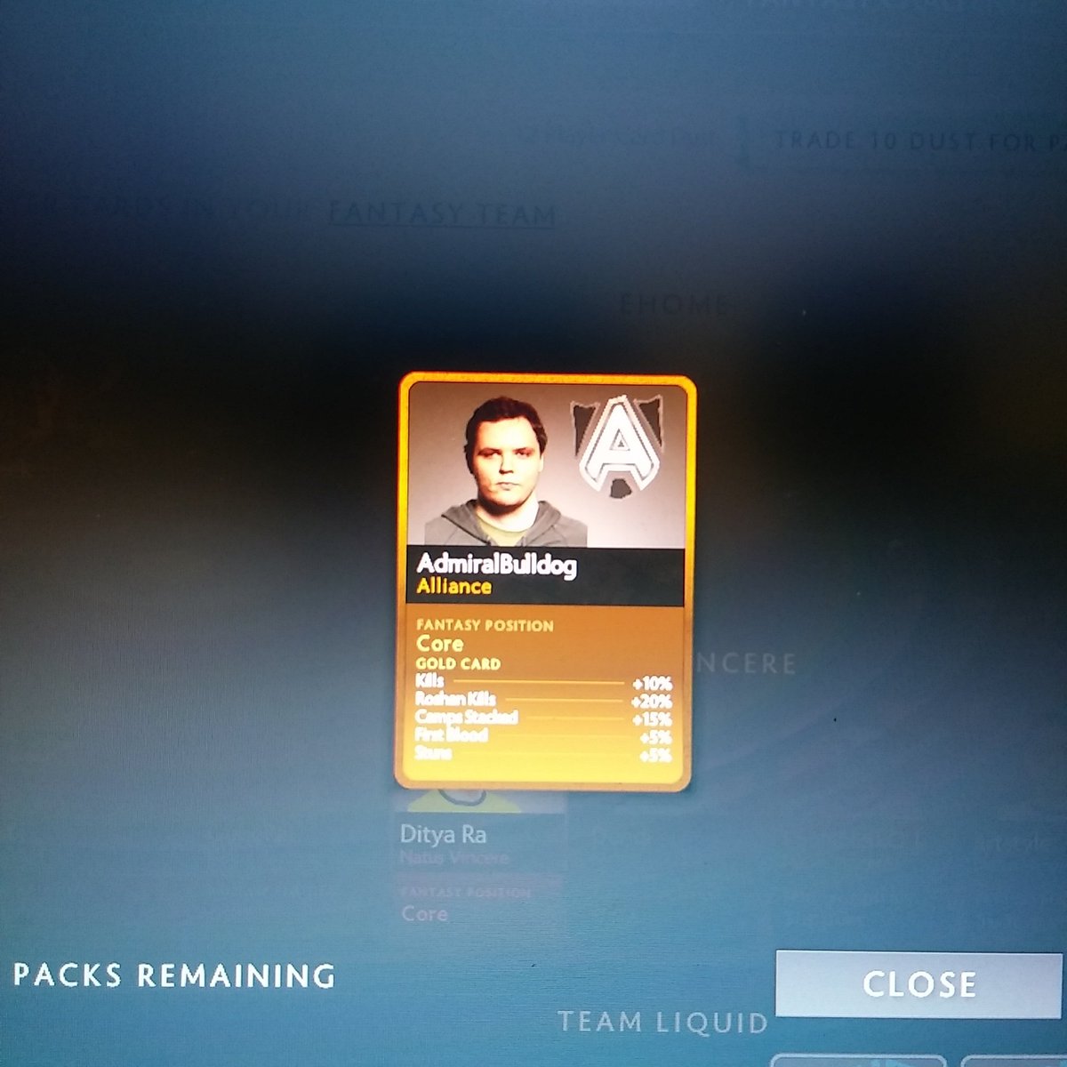 soodmoodfood's tweet photo. When you find your favourite player's card. @AdmiralBulldog #dota2 #thecompendium https://t.co/6Gcr5ugyPo