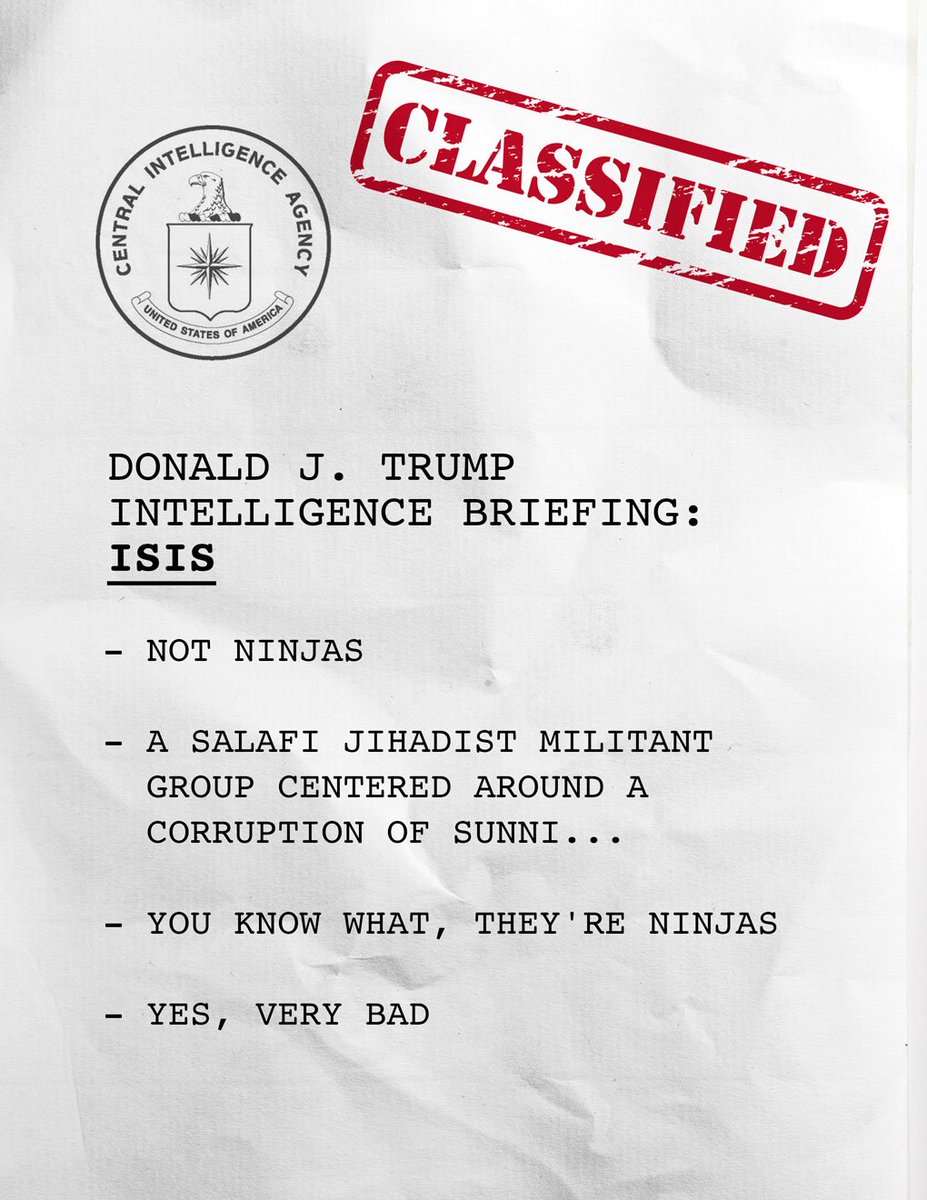 TheDailyShow's tweet photo. Trump is now eligible to receive classified intelligence briefings. We managed to snag a few. #CinnamonHitler https://t.co/1qZAanTrhH