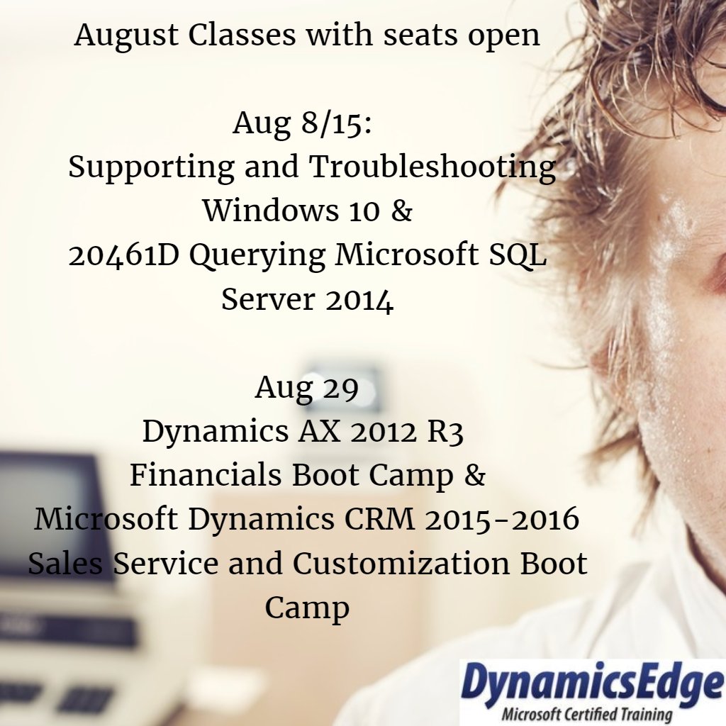 dynamicsedge_je's tweet photo. Our Aug roster of open classes is below Sign up today and get 10% off when you contact me #training #dynamics #crm https://t.co/OHmhHj88gO