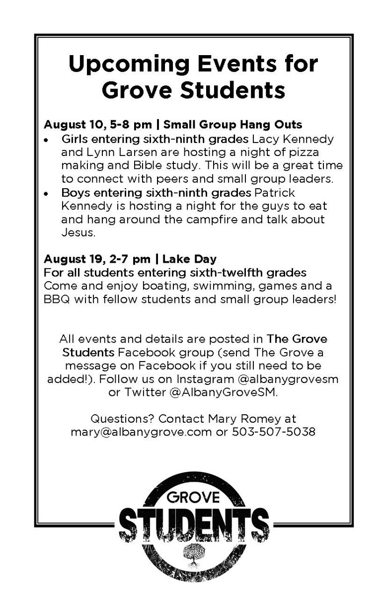 AlbanyGroveSM's tweet photo. 🚨Check out these🚨 #Summerevents Grove Students! Get out your calendars 📆📅📌📍 https://t.co/Y1MtyFvMlm