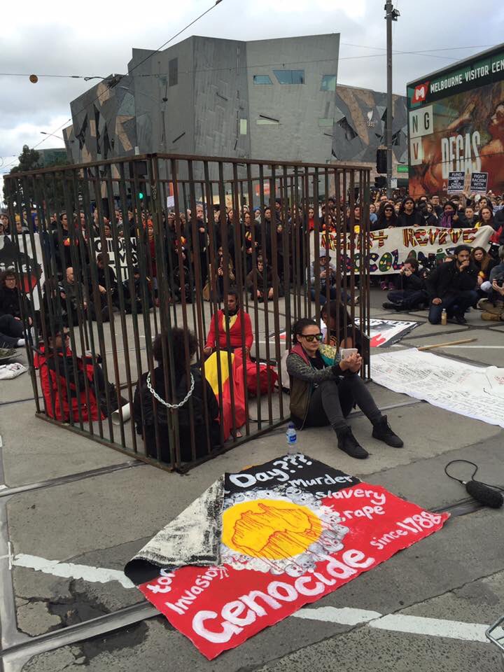 Proud First Nations women locked on in Melbourne calling on Australia to stand in solidarity #handsoffaboriginalkids