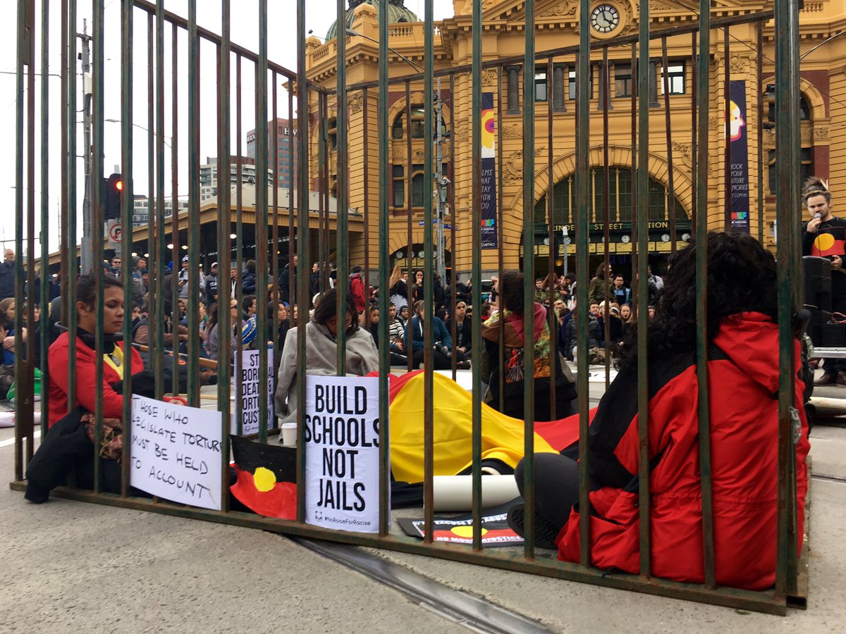 akaWACA's tweet photo. Proud First Nations women locked on in Melbourne calling on Australia to stand in solidarity #handsoffaboriginalkids https://t.co/M31lp5Z9E9