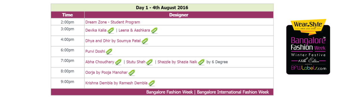 BLRFashionWeek's tweet photo. We have a very good line up this year ... Here's a peak at whats in store for Day 1 #BangaloreFashionWeek #BFW15 https://t.co/KAxfe5bb0r