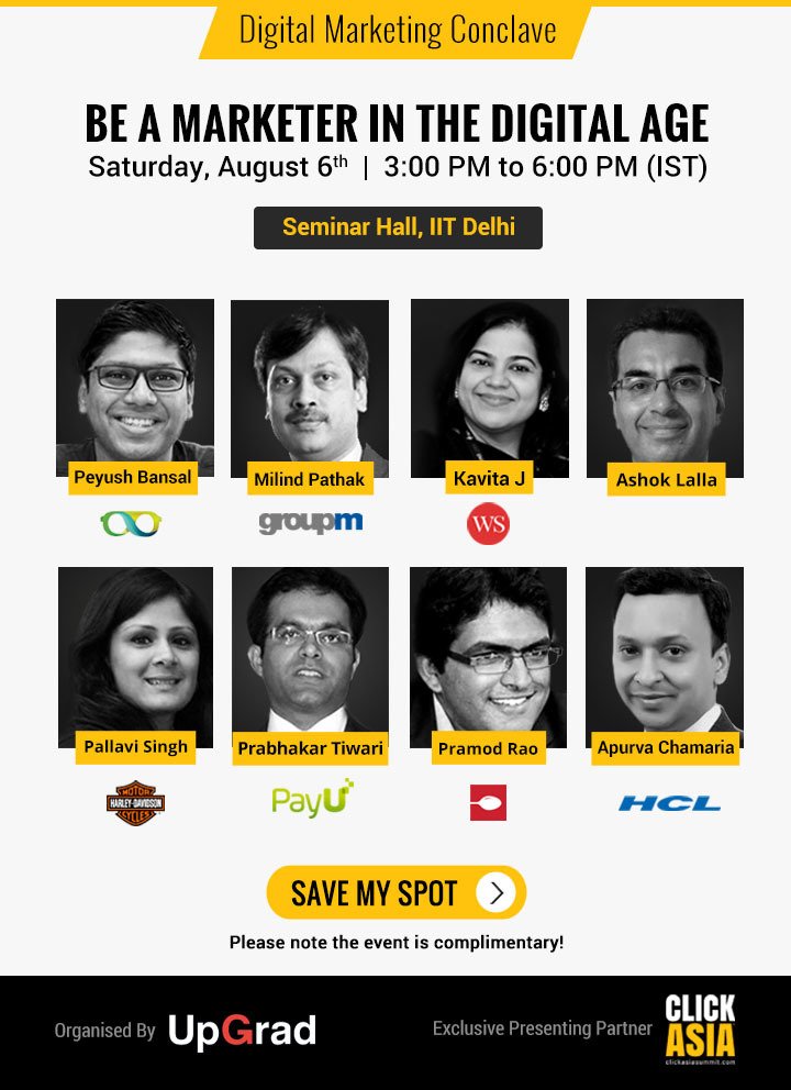 TeamClickAsia's tweet photo. Dilliwaalo!! @UpGrad_Edu's #digitalmarketing conclave on 6th August at IIT Delhi. https://t.co/xQuZuCpC78 It's Free! https://t.co/iXuDyKflP9