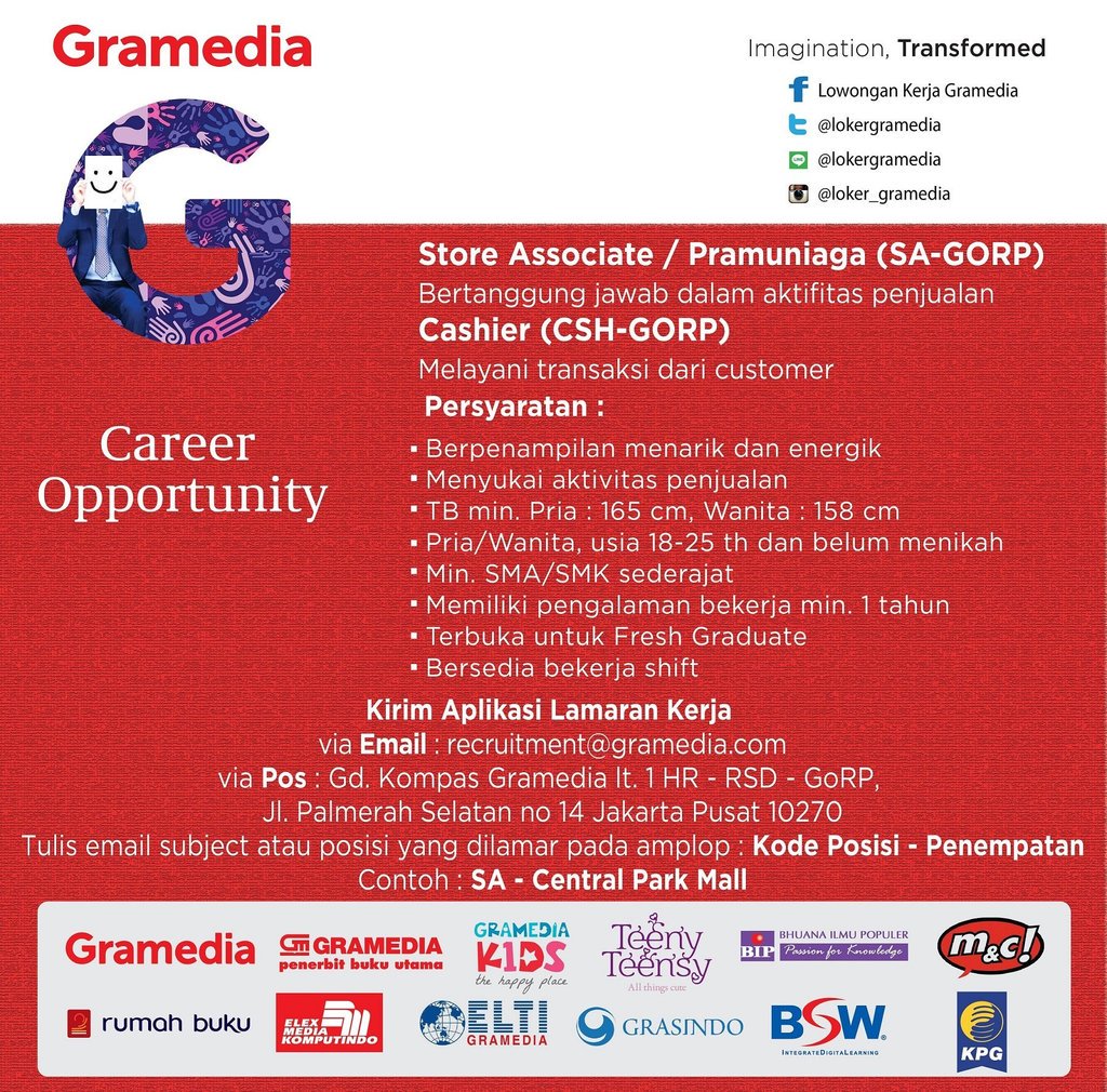 LokerGramedia's tweet photo. #Loker Pramuniaga &amp; Kasir bisa disimak di poster ini. Drop CV ke Gramedia terdekat ya ;) https://t.co/A0n67G7ElY