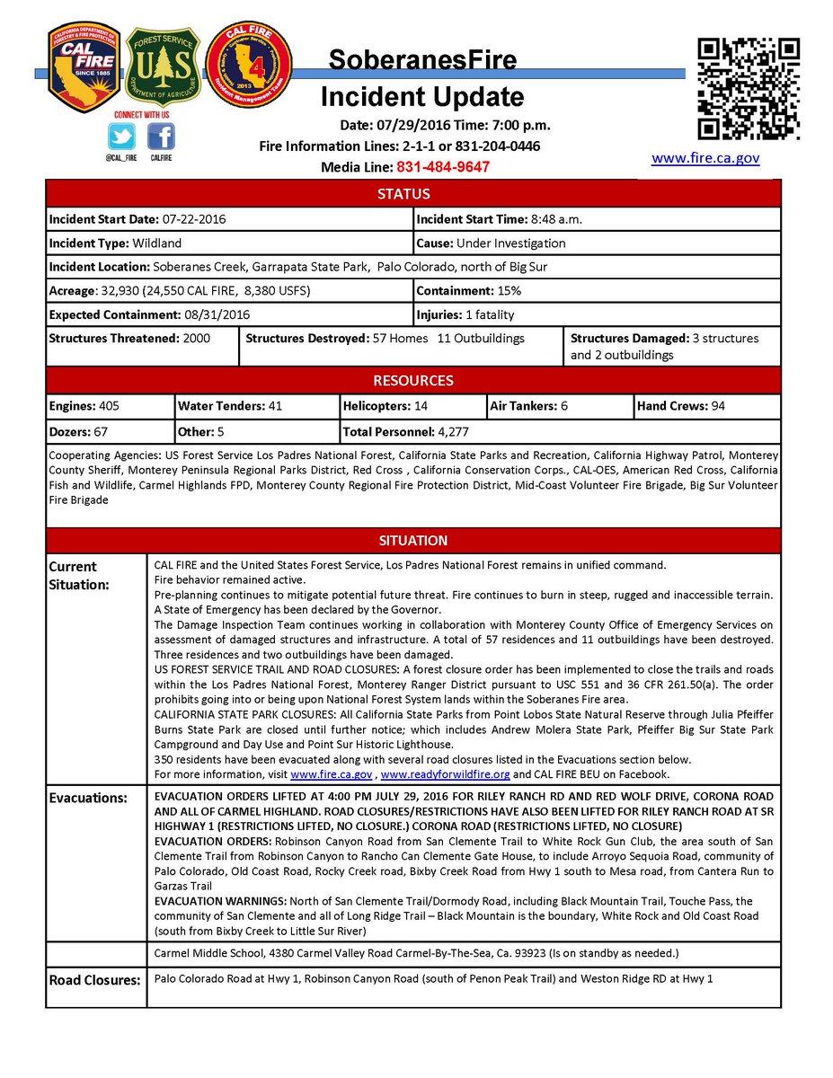 CALFIREBEU's tweet photo. #SoberanesFire EVENING UPDATE FRIDAY JULY 29, 2016. https://t.co/78iORA4AE4